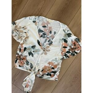 LOVESTITCH Floral Button Front Blouse Tie‎ Waist Medium Women's Top
